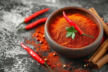 Keuken spatwand met foto Chili magic Vibrant bowl filled with ground chili peppers © NBXt