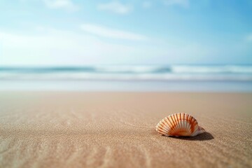 Obraz premium A solitary seashell rests on the sandy ground, gazing up at the vast expanse of sky and ocean, a peaceful reminder of the beauty and wonder of nature's invertebrate inhabitants