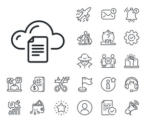 Cloud computing sign. Salaryman, gender equality and alert bell outline icons. File data storage line icon. Document hosting technology symbol. File storage line sign. Vector