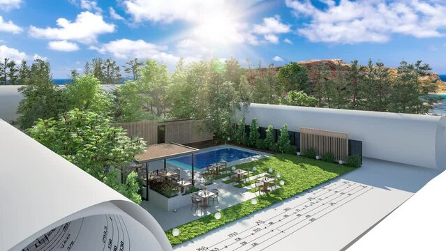 Design of a resort with outdoor dining: terrace at a swimming pool - loop-able 3D visualization