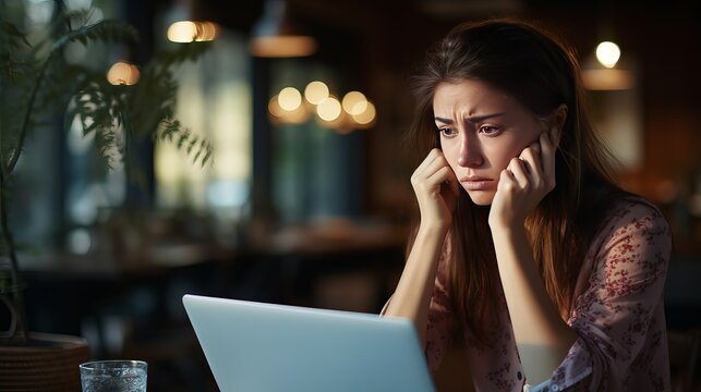 A picture of a young woman who is struggling and sitting near a laptop with a frustrated expression. she is experiencing pain.