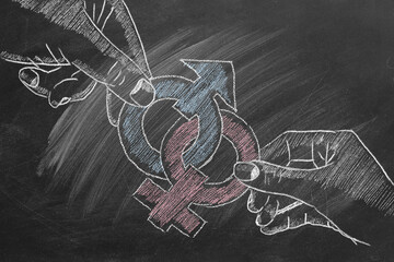 Female and male hand holding pink female symbol and blue male symbol. Chalk drawn illustration. Concept of love.