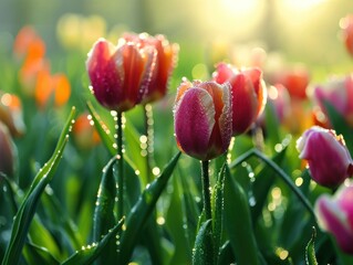 a group of tulips with water droplets on them - Powered by Adobe
