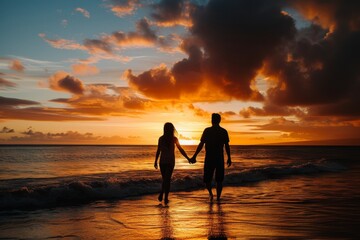 A couple's love shines as they stand together, silhouetted against the breathtaking afterglow of a sunset on the beach, surrounded by the vast expanse of the ocean and sky