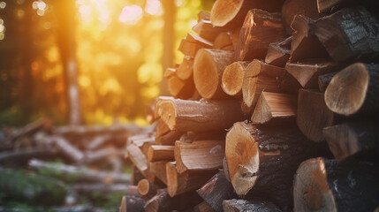 Nature's Warm Embrace: Stacked Firewood in Log Cabin Style. Generative AI - obrazy, fototapety, plakaty