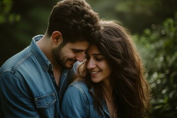 A bearded man and a woman in love share a happy kiss under a tree, their faces glowing with pure joy and their stylish clothing adding to the romantic outdoor setting