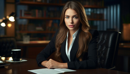 Fototapeta na wymiar portrait of a brunette businesswoman at her desk in a business suit, looking sternly at the camera against the backdrop of the office