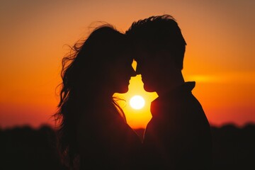 A passionate embrace between two lovers, framed by the fiery sky and the glowing sun, as they share a kiss in the enchanting silhouette of an outdoor setting