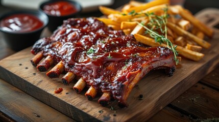 a plate of ribs and french fries