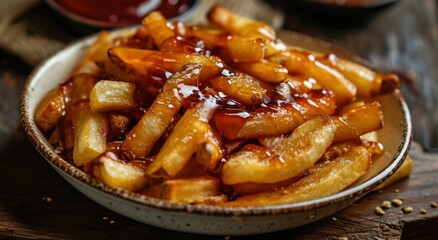 a plate of french fries with sauce