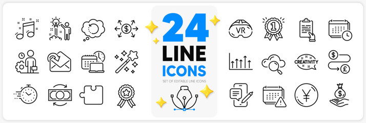 Fototapeta na wymiar Icons set of Income money, Employee and Yen money line icons pack for app with Notification, Cloud computing, Reward thin outline icon. Calendar, Magic wand, Musical note pictogram. Vector