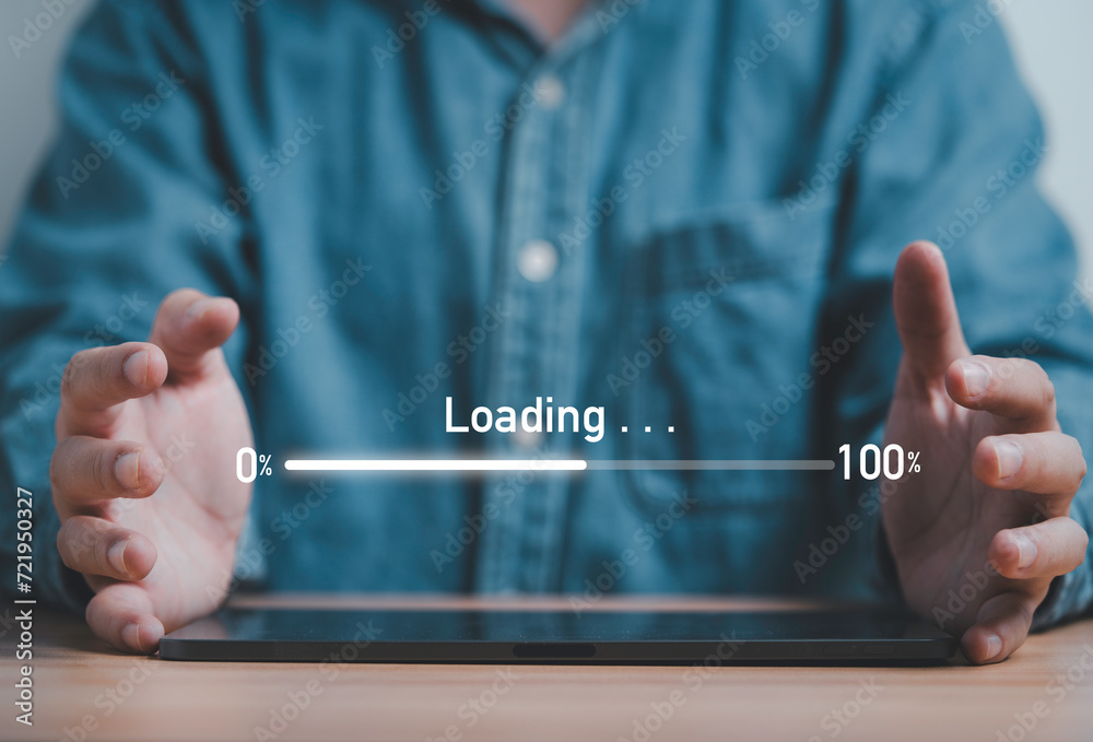 Poster businessman using tablet and waiting with digital loading bar progress for download data information