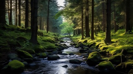 A stream that flows through a forest.