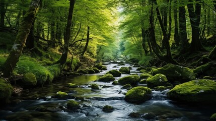 A stream that flows through a forest.