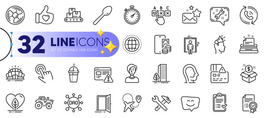 Outline set of Local grown, Call center and Arena stadium line icons for web with Certificate, Brand ambassador, Coffee cocktail thin icon. Globe, Airplane, Post package pictogram icon. Vector