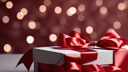 Elegant Gift Box with a Lush Red Ribbon Amidst Sparkling Lights