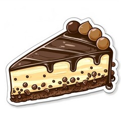 Sticker with piece of chocolate cheesecake, with dripping chocolate glaze and decorated with chocolate balls on top, isolated on white background, perfect for dessert menus.