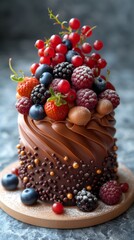 Close-up of a luxurious chocolate cake topped with red currants, blackberries, strawberries, blueberries, raspberries and dusted with powdered sugar, presenting a delightful dessert