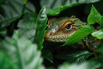 Obraz premium a lizard hiding behind leaves