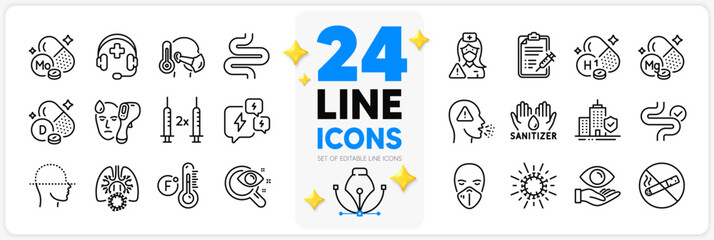 Icons set of Apartment insurance, Health eye and Intestine line icons pack for app with Electronic thermometer, Cough, Stress thin outline icon. Nurse, Coronavirus lungs, Vitamin d pictogram. Vector