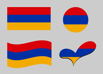 Flag of Armenia. Armenia flag in heart shape. Armenia flag in circle shape. Country flag variations
