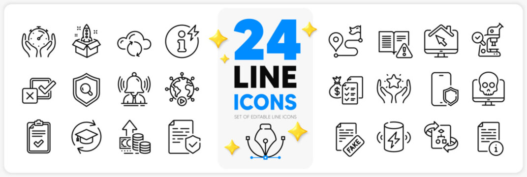 Icons set of Checklist, Power info and Charge battery line icons pack for app with Inspect, Technical algorithm, Phone protect thin outline icon. Fake news, Continuing education. Vector