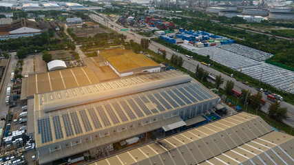 Top view Solar Cell on Warehouse Factory. Solor photo voltaic panels system power or Solar Cell on...