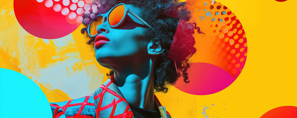 Beautiful woman, contemporary art collage,modern design work in neon trendy colors