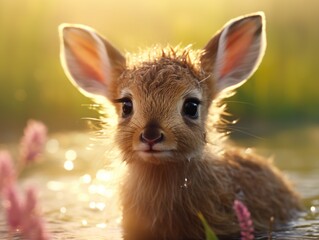 a baby deer in water
