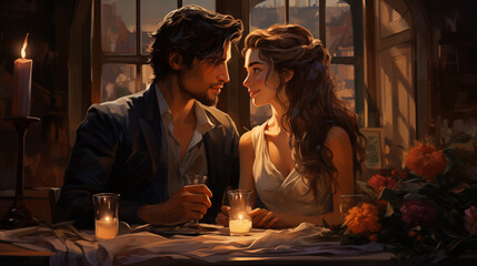 couple in love on a romantic evening in a restaurant with candles in an intimate settin