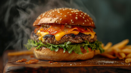 Close-up of home made tasty burger on wooden table - obrazy, fototapety, plakaty
