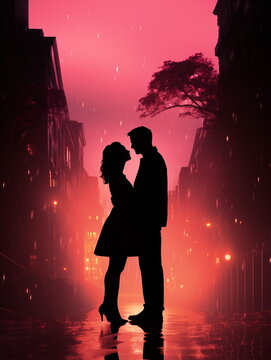 Silhouette of couple kissing at sunset. Man and woman couple kissing. Pink light. City background.  Generated AI.