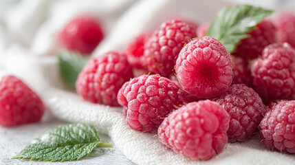 Fresh raspberries with leaves on the table