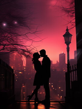 Silhouette of couple kissing at sunset. Man and woman couple kissing. Pink light. City background.  Generated AI.