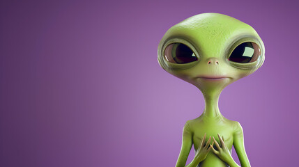 A cute and quirky 3D cartoon alien with a friendly smile, filled with curiosity and amusement, set against a vibrant purple background.