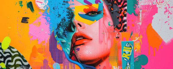 Beautiful woman, contemporary art collage,modern design work in neon trendy colors
