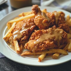 a plate of fried chicken and fries