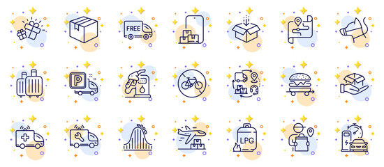 Fototapeta na wymiar Outline set of Gas cylinder, Get box and Delivery plane line icons for web app. Include Car service, Supply chain, Hold box pictogram icons. Baggage, Online storage, Ambulance car signs. Vector