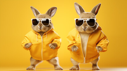 Fototapeta premium Cool cute easter bunny, rabbit with sunglasses and jogging suit with rabbit ears, isolated on yellow background