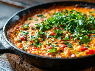 a skillet of food with cheese and vegetables
