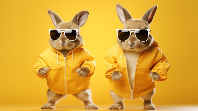 Cool cute easter bunny, rabbit with sunglasses and jogging suit with rabbit ears, isolated on yellow background