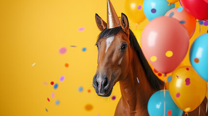 funny horse wearing a festive triangular cap on his head, next to colorful balloons and confetti on a yellow simple background with space for text