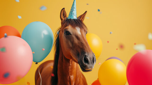 funny horse wearing a festive triangular cap on his head, next to colorful balloons and confetti on a yellow simple background with space for text