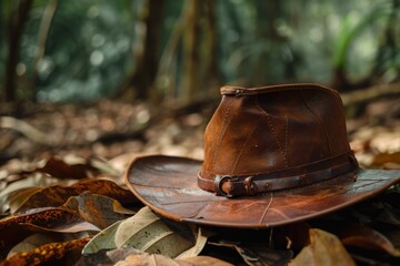 a brown hat on leaves