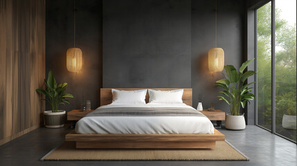 Interior design of modern bedroom with wooden bed with concrete floor