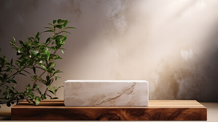 marble rough rock block with wooden top stand podium for product presentation in a minimalistic interior backdrop