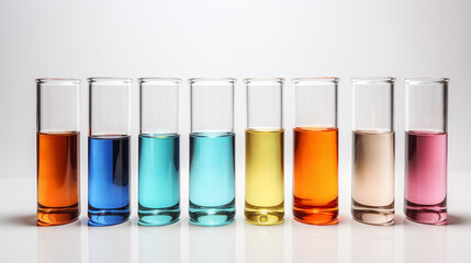 test tubes of different shapes and sizes with different colored liquid against the background of the laboratory