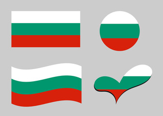 Flag of Bulgaria. Bulgaria flag in heart shape. Bulgaria flag in circle shape. Country flag variations 