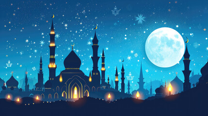 Ramadan Kareem background with mosque and full moon. Ramadan Kareem illustration.