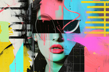 Beautiful woman, contemporary art collage,modern design work in neon trendy colors